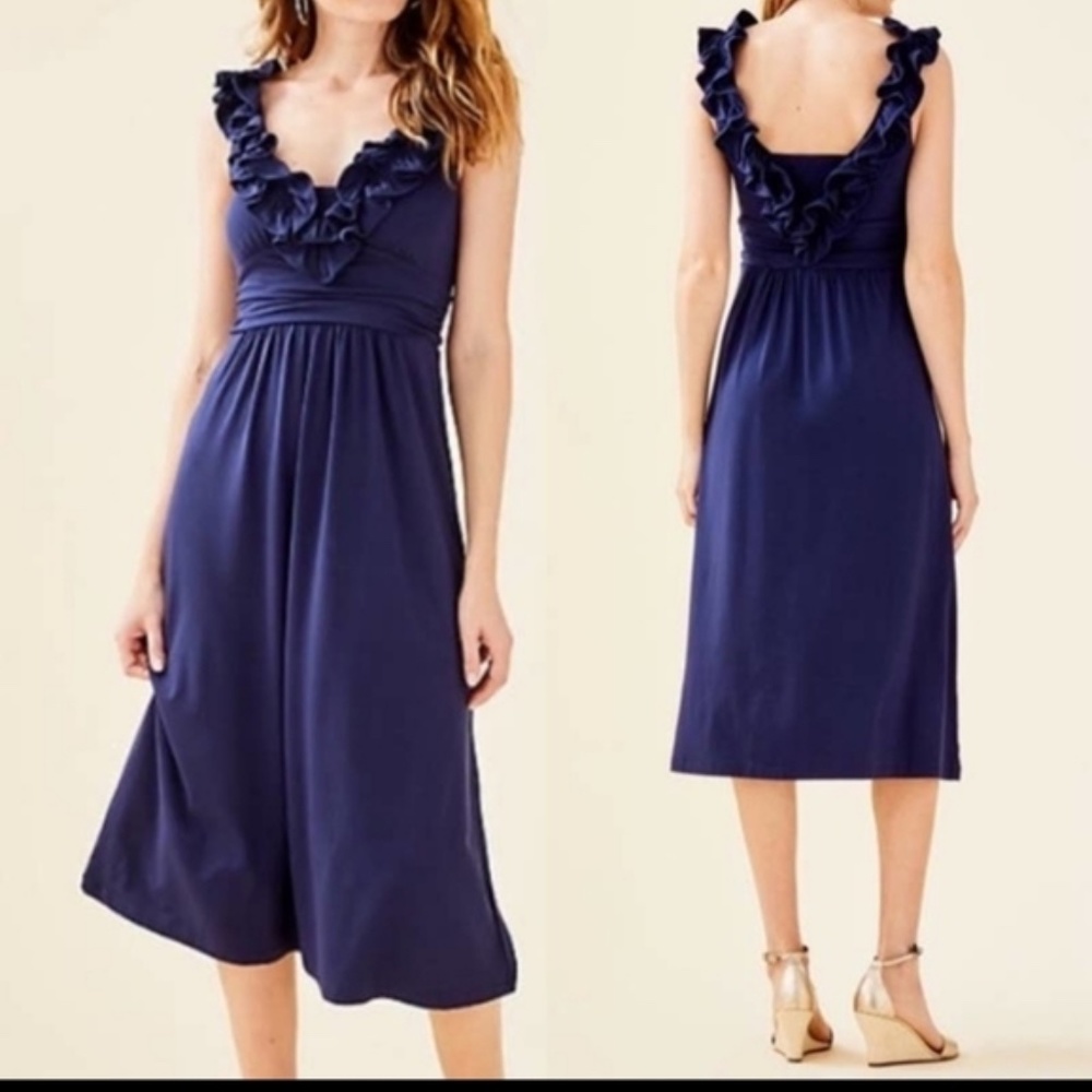 Lilly Pulitzer Navy Ruffle-Trim Midi Dress